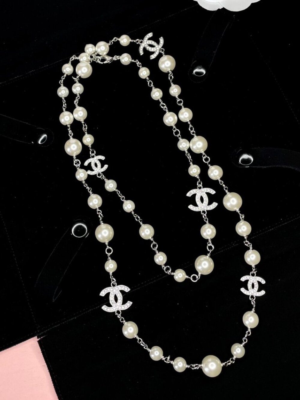CHANEL Pearl Station Necklace with Silver CC Logos - White Pearls